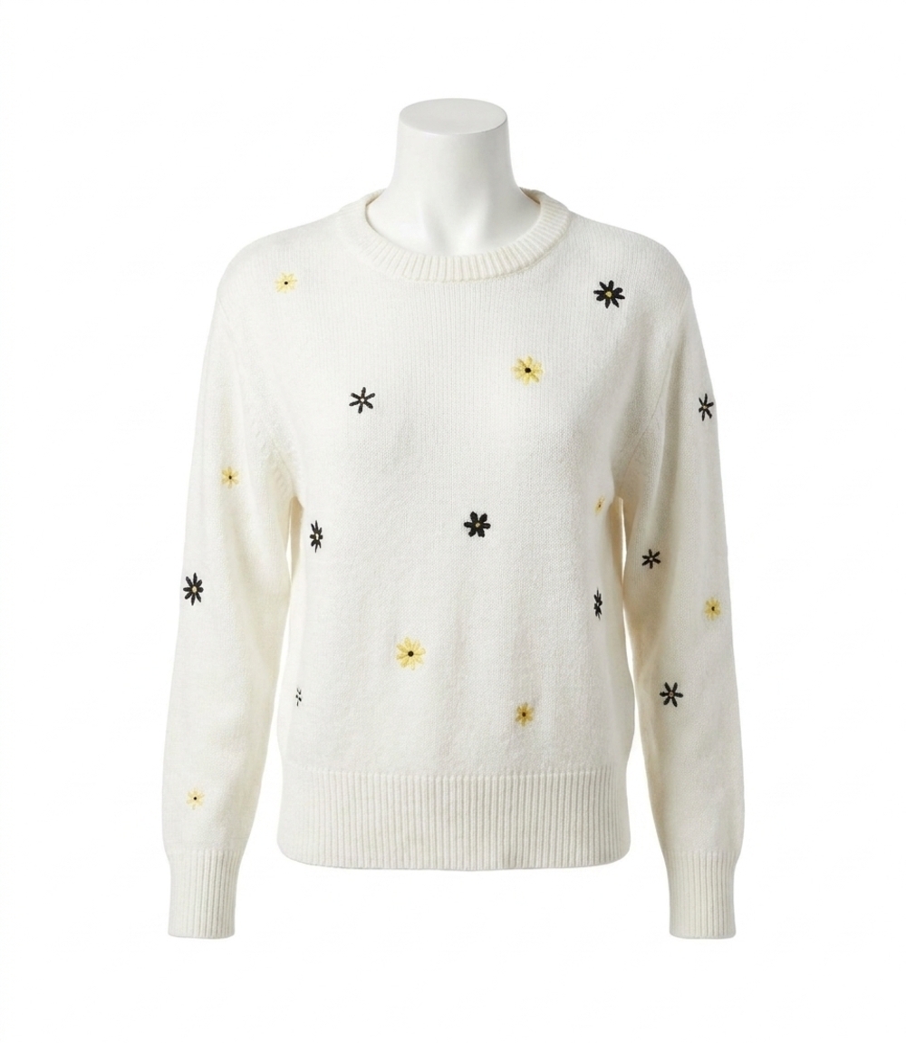 NEW KAREN KANE ellery embroidered daisy crewneck sweater in off-white
